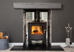 CLOCK BLITHFIELD DS 10 KW DOUBLE SIDED BLACK MF STOVE SE BLACK & S/STEEL ON LEGS