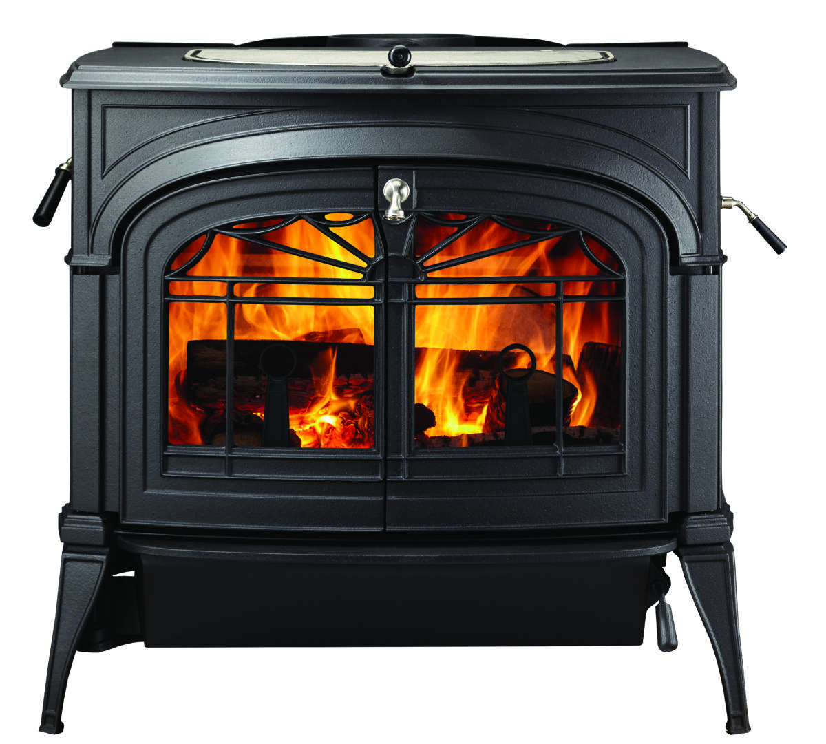 VERMONT ENCORE TWOINONE WOOD STOVE IN CLASSIC BLACK LATTICE DOORS