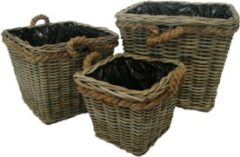 GLENWEAVE SET OF 3 SQUARE PLANTERS WITH ROPE HANDLES AND PLASTIC LINER IN GREY