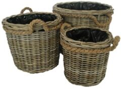 GLENWEAVE SET OF 3 ROUND PLANTERS WITH ROPE HANDLES AND PLASTIC LINER IN GREY